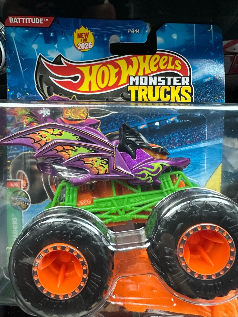 Hot Wheels Monster Trucks Battitude Toy - Purple & Green with Orange Wheels